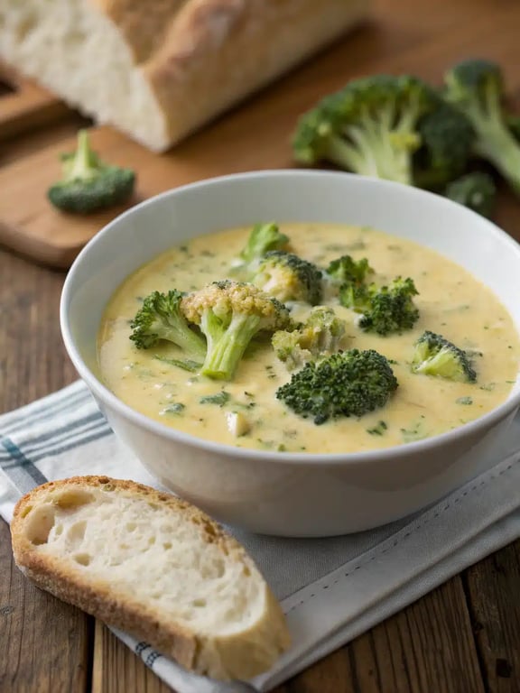 A warm bowl of broccoli cheddar soup served with crusty bread and a side salad on a wooden table