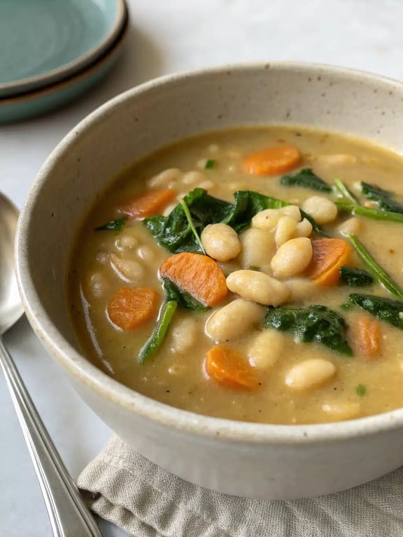 A beautifully served bowl of creamy butter bean soup with a side of crusty bread on a wooden table