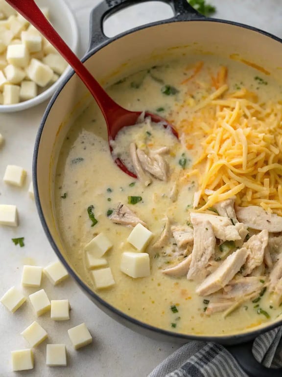 Final step for creamy chicken enchilada soup — plated and ready with toppings