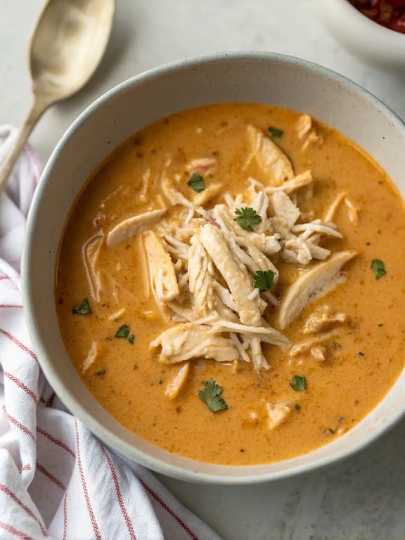 A bowl of creamy chicken enchilada soup with colorful toppings like avocado, cilantro, and tortilla strips
