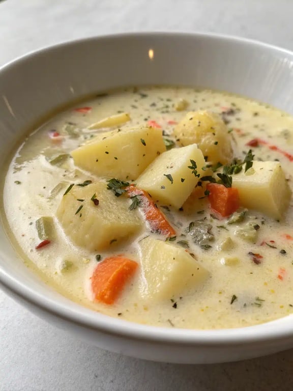 creamy vegetable soup served in a bowl with crusty bread on the side
