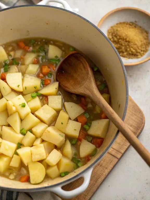 Step 4 for creamy vegetable soup — texture check