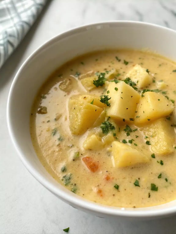 creamy vegetable soup served in a bowl with a side of bread