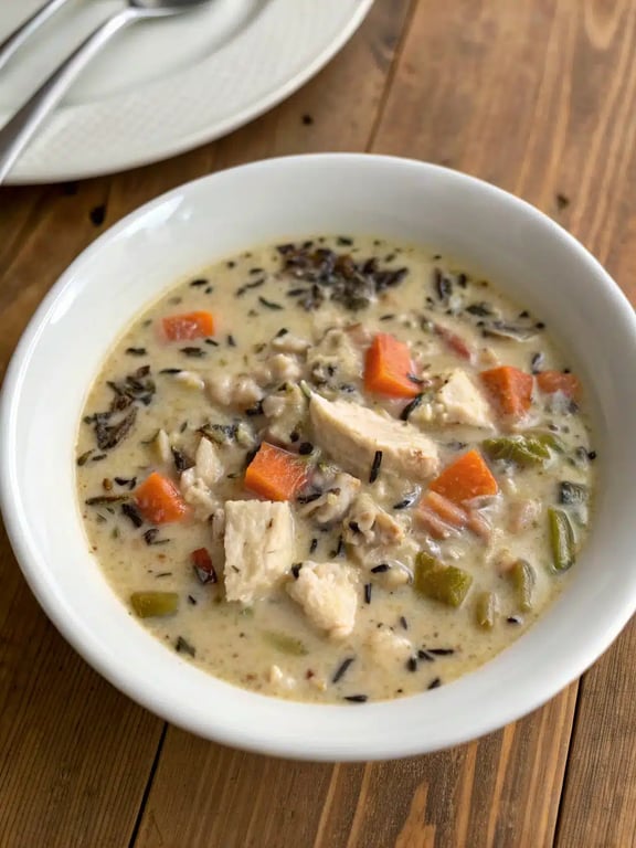 Crockpot Chicken Wild Rice Soup served in a bowl with a side of bread