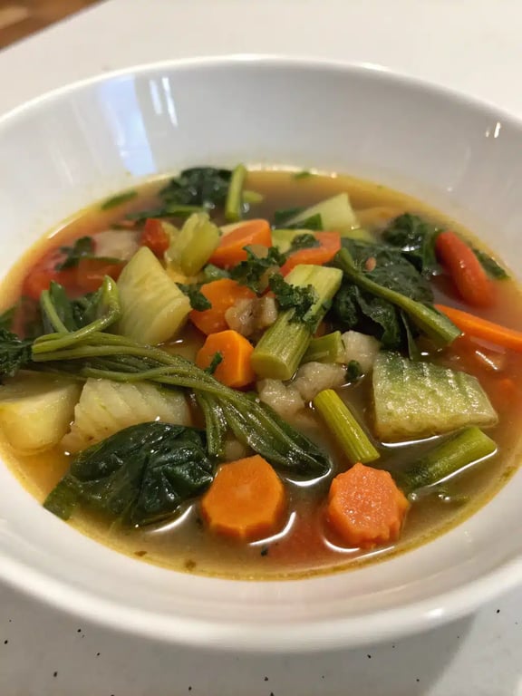 easy vegetable soup served in a bowl with crusty bread on the side