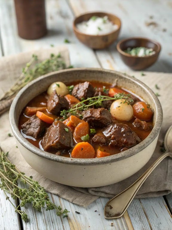 Learn how to make a classic French beef stew with tender chuck roast and baby potatoes, slow-simmered in red wine and served with crusty bread.