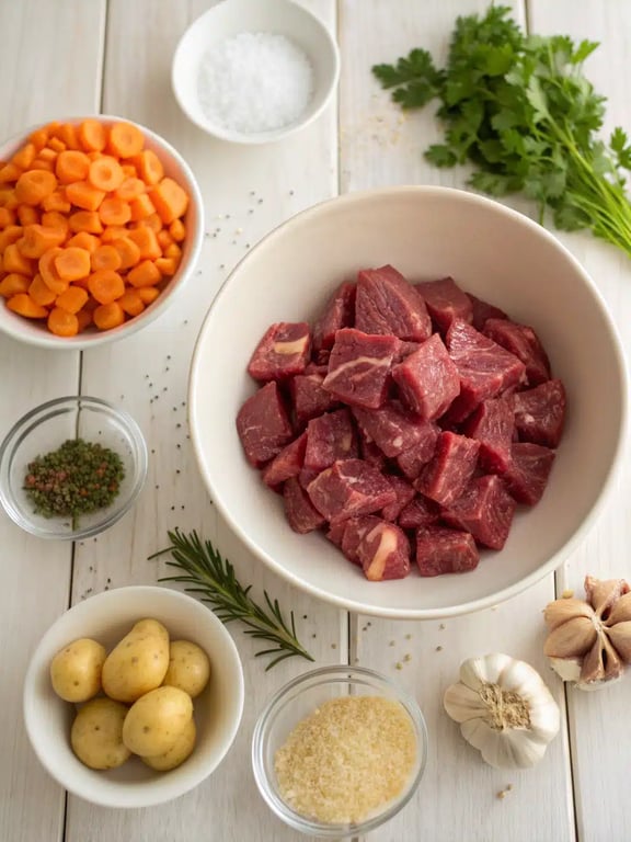 French beef stew ingredients French beef stew ingredients arranged on the counter including beef, carrots, and potatoes