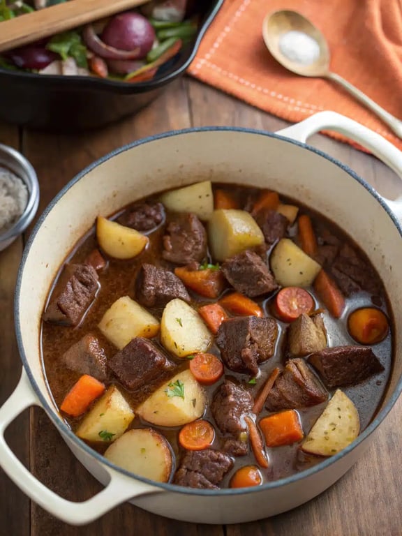 French beef stew — final step Final step for French beef stew — plated in a bowl with parsley garnish