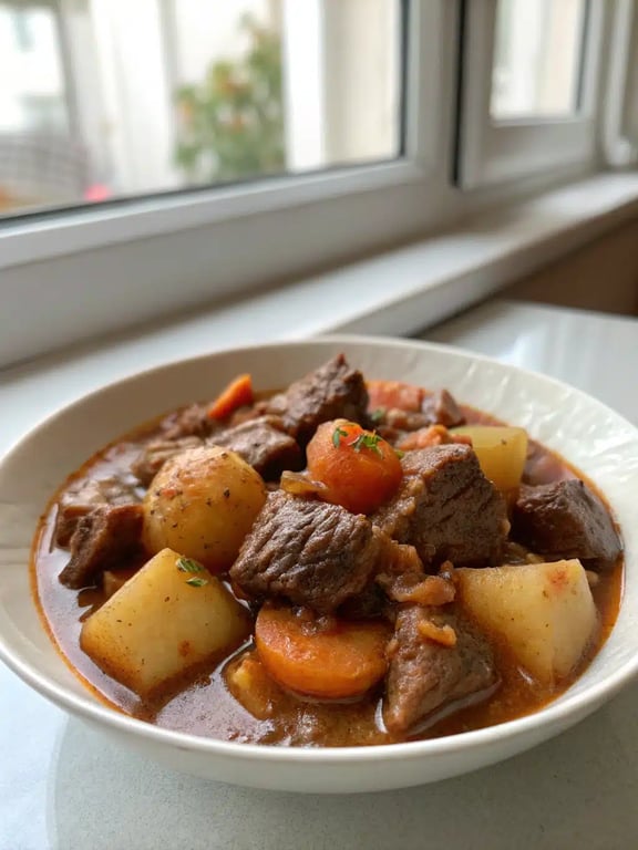 Serving French beef stew with bread French beef stew served in a shallow bowl with a crusty baguette slice on the side