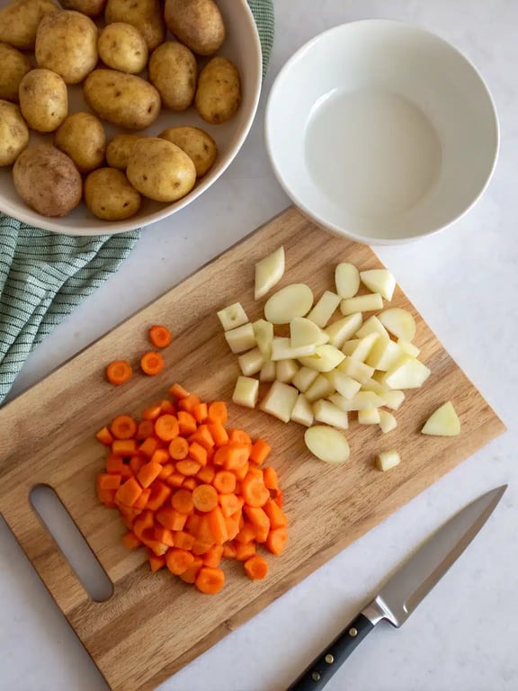 Step 2 for Irish vegetarian stew — vegetables browning in a Dutch oven