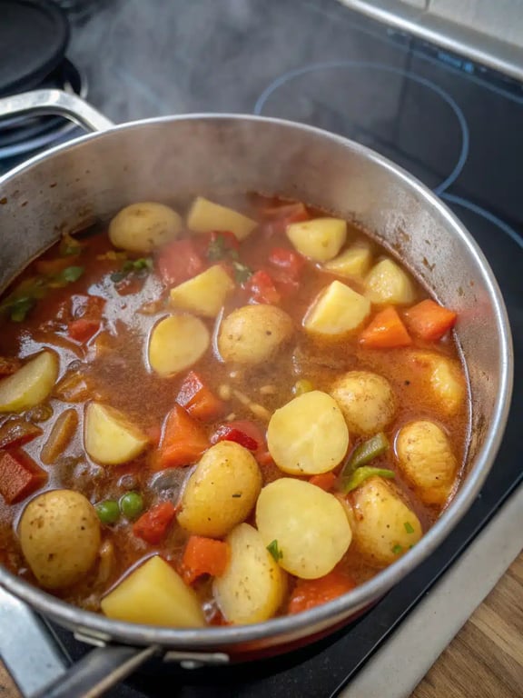 Final step for Irish vegetarian stew — ladled into a bowl with parsley garnish
