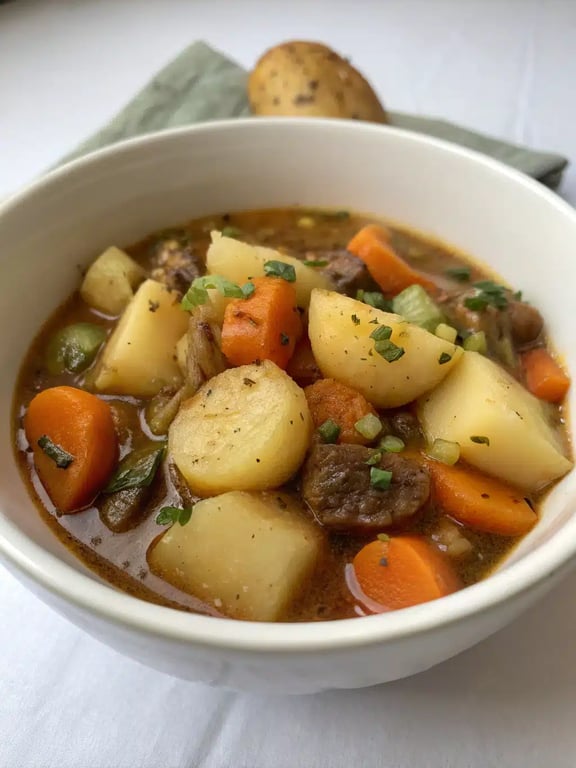 A bowl of Irish vegetarian stew served with a side of crusty bread on a rustic table