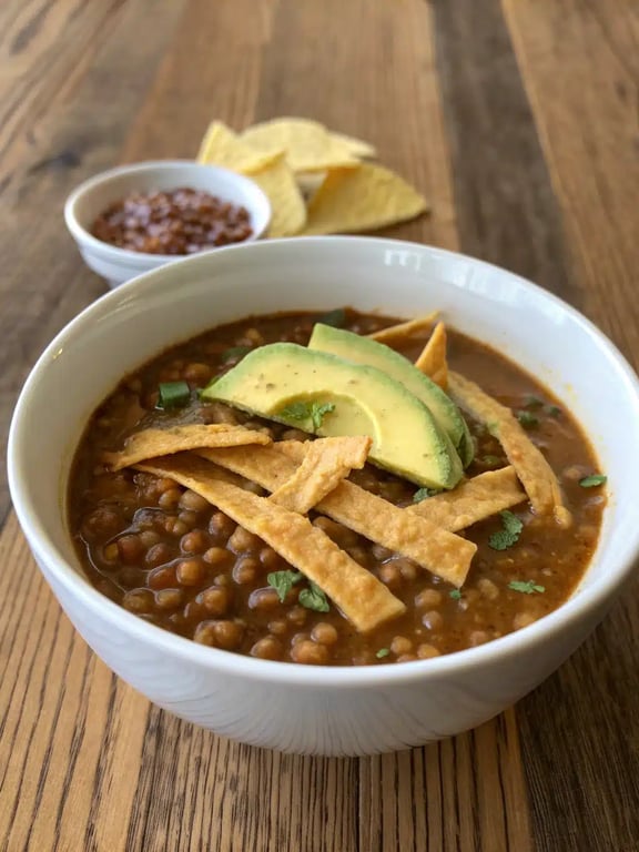 A beautifully set table with bowls of lentil tortilla soup and various topping options in small dishes