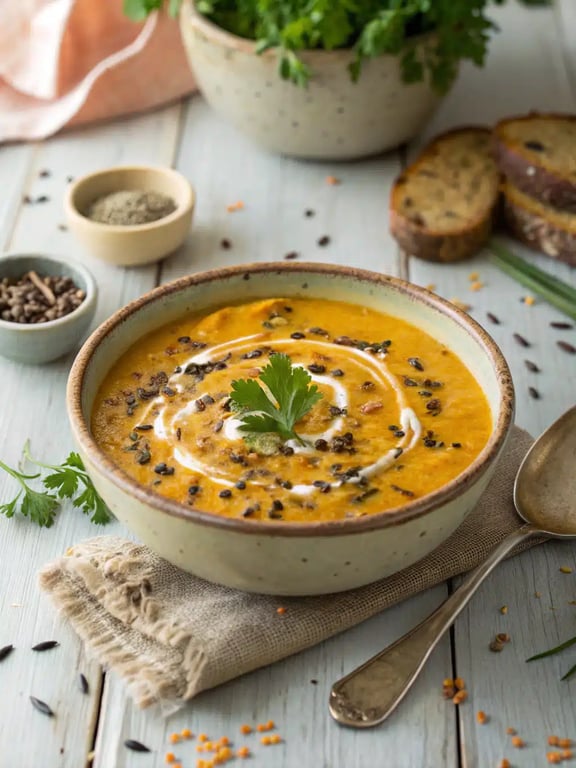 Creamy pumpkin wild rice soup, simmered with thyme and nutmeg, is a comforting fall meal best served hot with crusty bread for dipping.