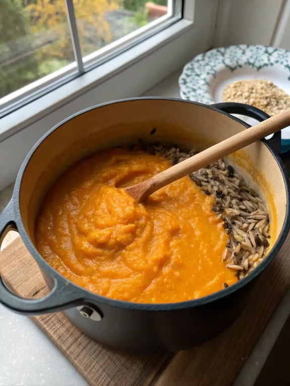 Simmering pumpkin wild rice soup Simmering pumpkin wild rice soup in a pot, showing the thick texture and wild rice
