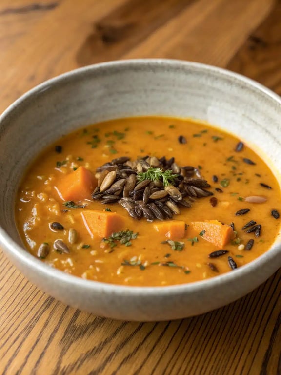 Serving pumpkin wild rice soup with bread A beautifully served bowl of pumpkin wild rice soup with a thyme garnish and crusty bread on the side