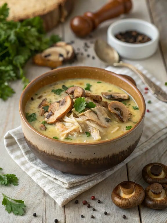 Soupe express au poulet rôti et aux champignons, prête en 30 minutes