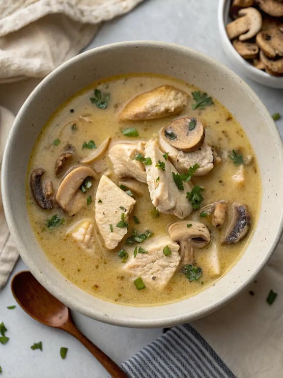 Un joli bol de soupe aux champignons et au poulet rôti, accompagné de pain croustillant.