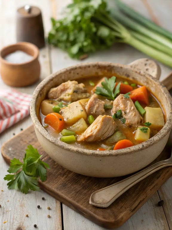 This easy slow cooker chicken stew features tender chicken thighs and vegetables, simmered to perfection and served hot for a comforting family meal.
