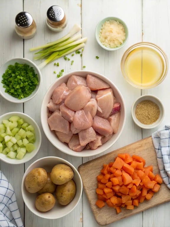 Ingredients for slow cooker chicken stew All ingredients for slow cooker chicken stew neatly arranged on a kitchen counter