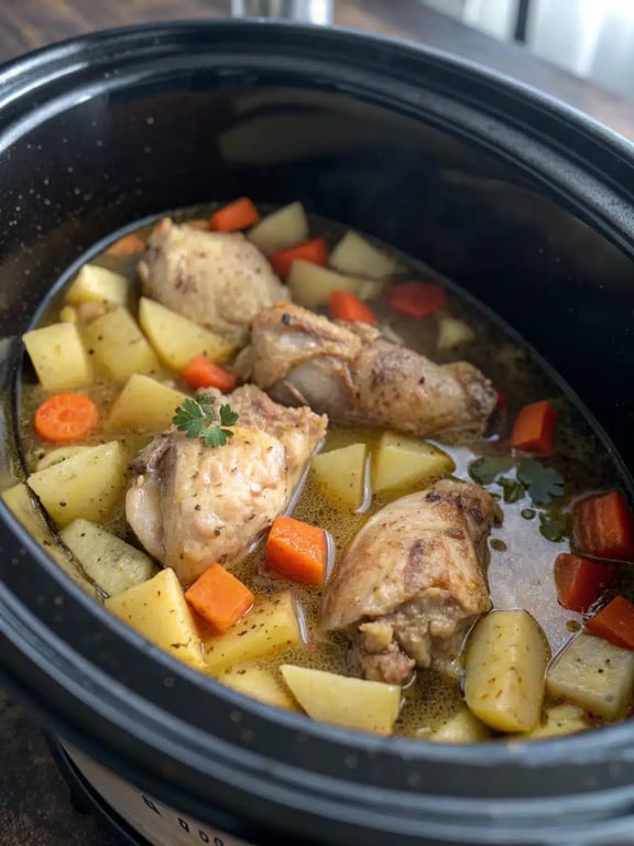 Serving the finished chicken stew Final step for slow cooker chicken stew — a ladle serving the stew into a bowl, garnished with parsley