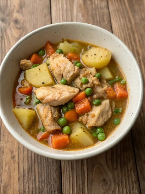 Serving a complete slow cooker chicken stew meal A beautifully set table with bowls of slow cooker chicken stew, crusty bread, and a simple green salad