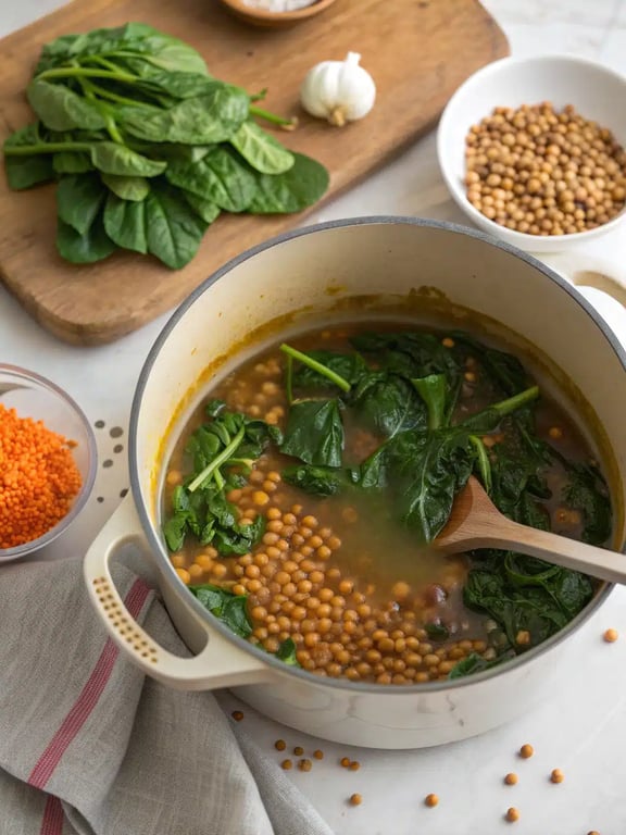 Final step for spinach lentil soup — a ladle scooping soup into a rustic bowl