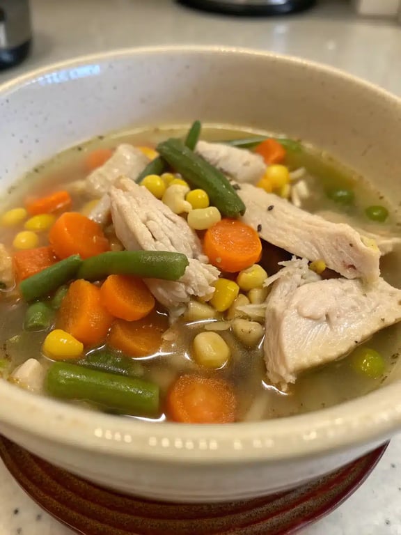A beautifully served bowl of turkey vegetable soup with a side of bread