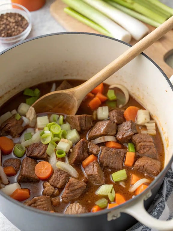 Step 4 for vegetable beef soup — texture check