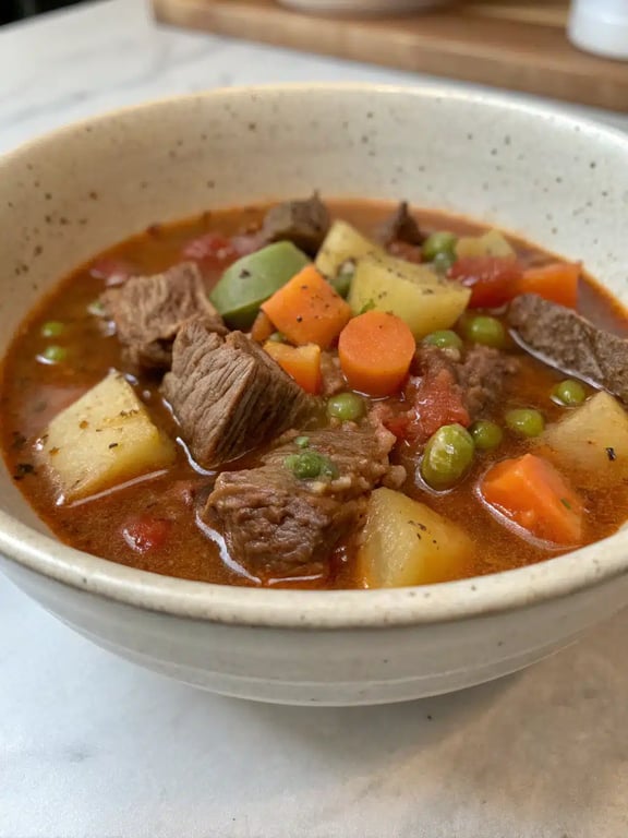 A beautifully served bowl of vegetable beef soup with crusty bread on the side