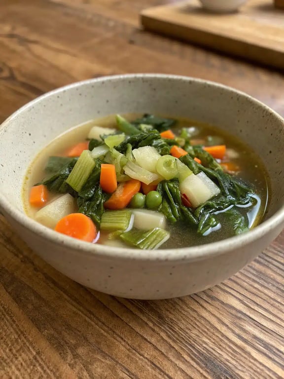 vegetable soup recipe beautifully presented in a bowl with crusty bread
