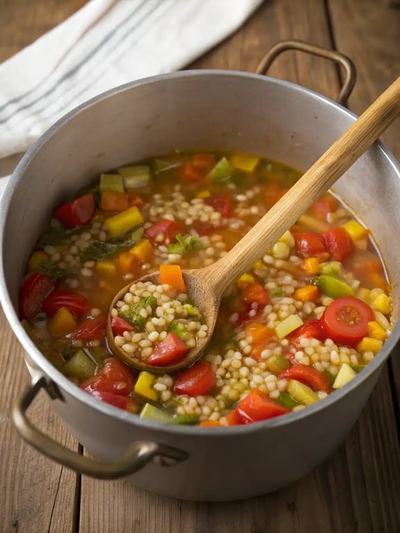 Stirring fresh kale into the pot of vegetarian barley soup