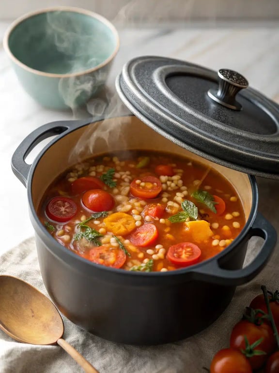 A ladle serving vegetarian barley soup into a bowl, ready to eat