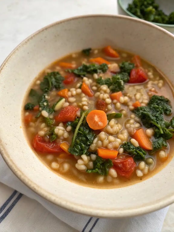 A beautifully styled bowl of vegetarian barley soup with a spoon, crusty bread, and fresh herbs on the side
