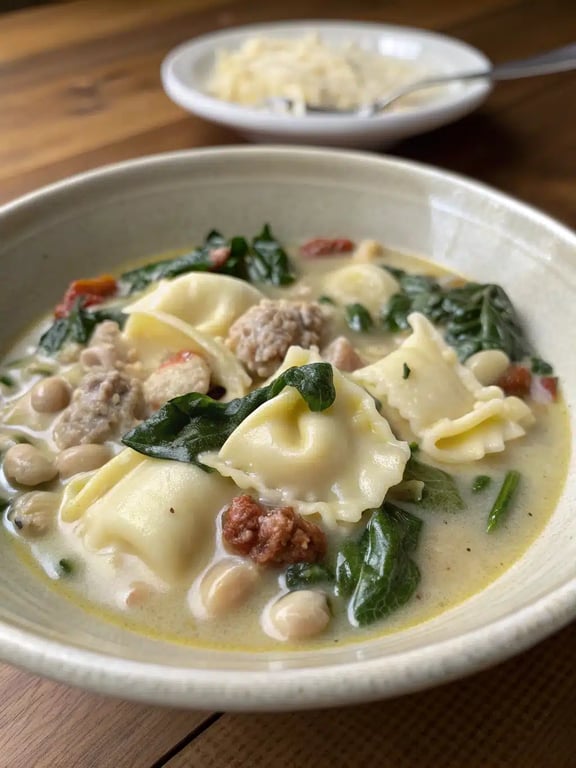 A beautifully set table with bowls of white lasagna soup, a side salad, and crusty bread