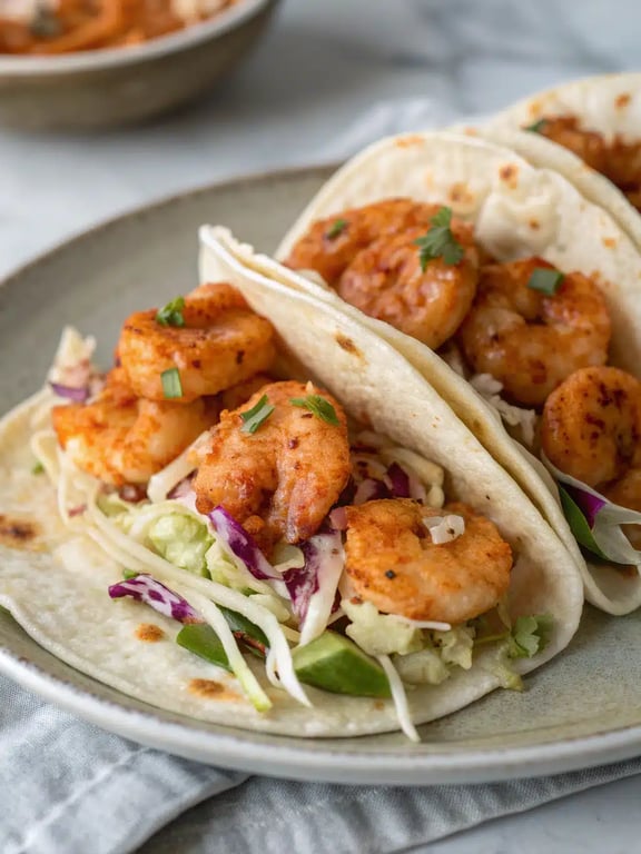 Bang bang shrimp tacos plated with side dishes for a complete meal