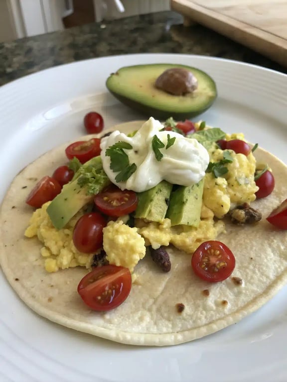 breakfast tacos recipe served on a rustic wooden platter with sides