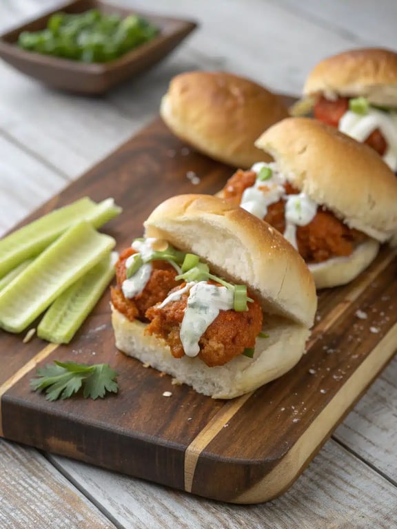 A platter of buffalo chicken sliders arranged for a party with dipping sauces