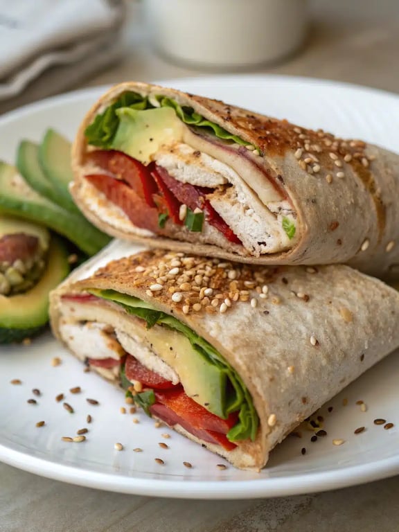 California Turkey Club Wrap plated with a fresh side salad