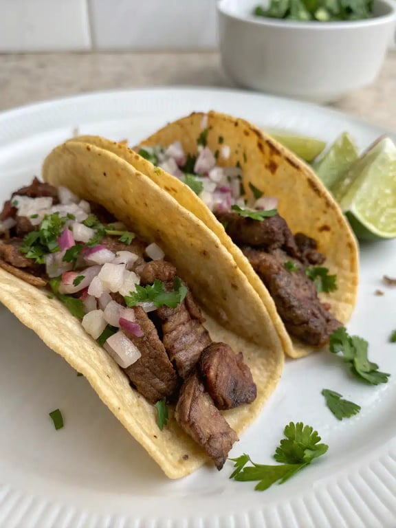 A vibrant platter of carne asada tacos with fresh toppings and sides