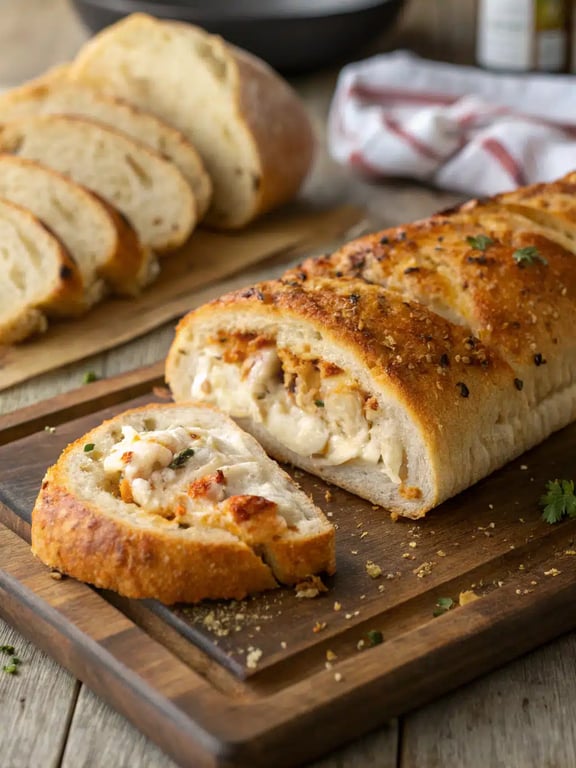chicken ranch stuffed bread served on a wooden board with salad