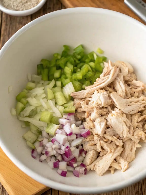 Step 2 for chicken salad sandwich recipe — process in progress