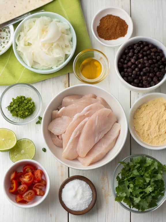 Chipotle ranch chicken burrito ingredients All ingredients for a chipotle ranch chicken burrito neatly arranged on a kitchen counter