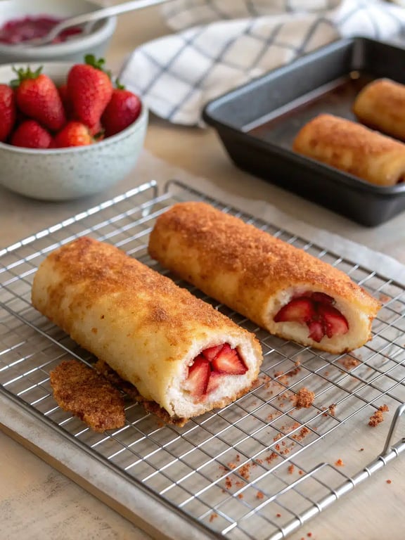 Final step for fried strawberry cheesecake — plated and ready