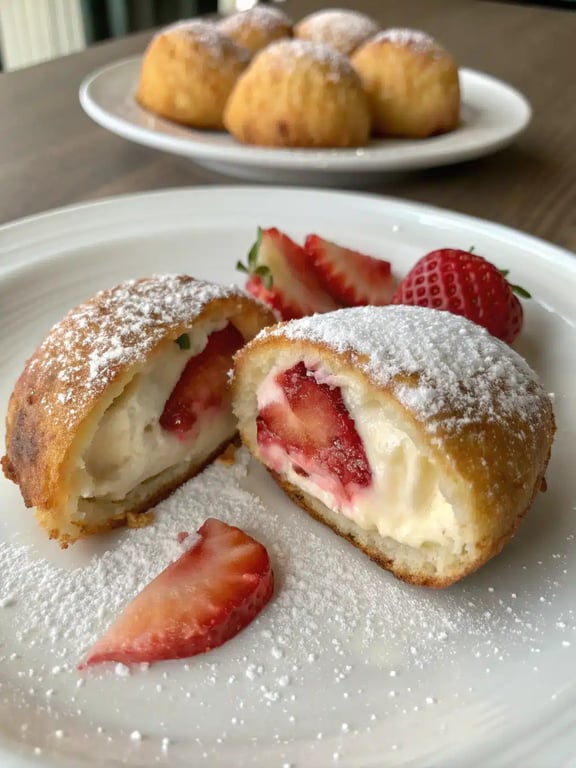 A beautifully plated fried strawberry cheesecake with ice cream and chocolate drizzle