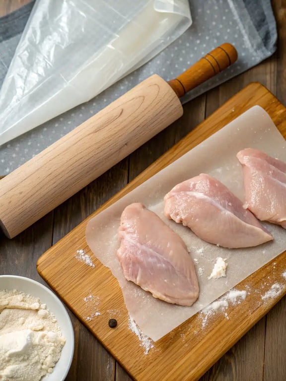 Breading chicken cutlets for a Jalapeno chicken sandwich using a three-station setup