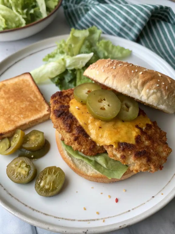 A plated Jalapeno chicken sandwich with coleslaw and pickles on the side