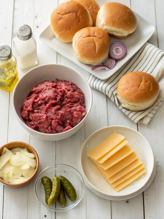 Ingredients for mini burger sliders All ingredients for mini burger sliders neatly arranged on a kitchen counter