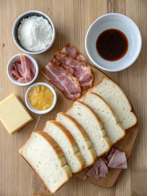 Monte Cristo sandwich ingredients Monte Cristo sandwich ingredients arranged on the counter