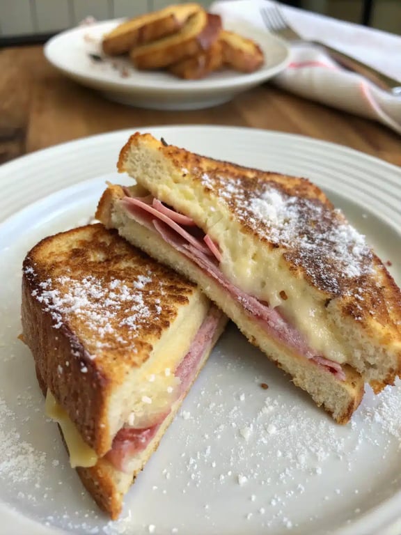 Monte Cristo sandwich serving platter Monte Cristo sandwich plated with fresh fruit and jam for serving